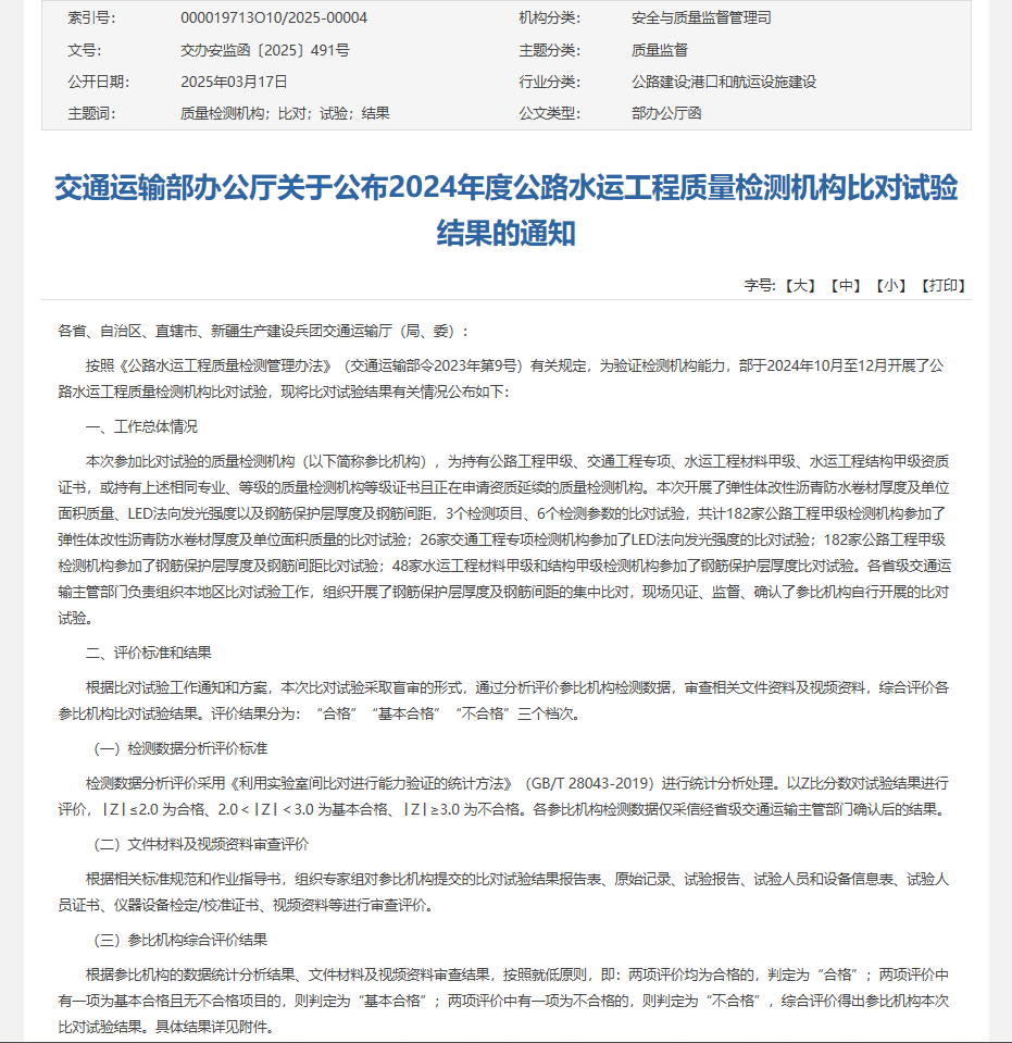 振通檢測(cè)順利通過交通運(yùn)輸部公路2024年度公路水運(yùn)工程質(zhì)量檢測(cè)機(jī)構(gòu)比對(duì)試驗(yàn)